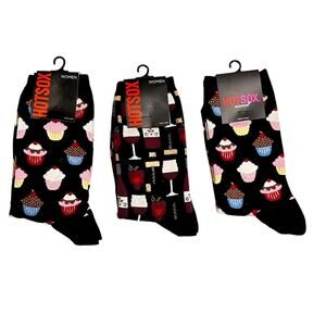 Hot Sox 2 Pair Womens Cupcake and Wine Socks Black Multi Size 9-11 NWT